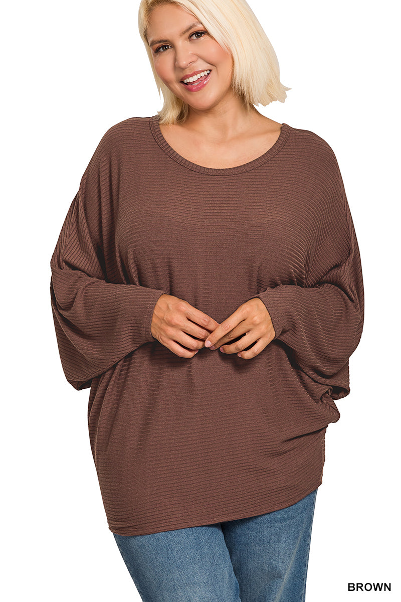 Zenana- PLUS RIBBED BATWING LONG SLEEVE BOAT NECK SWEATER
