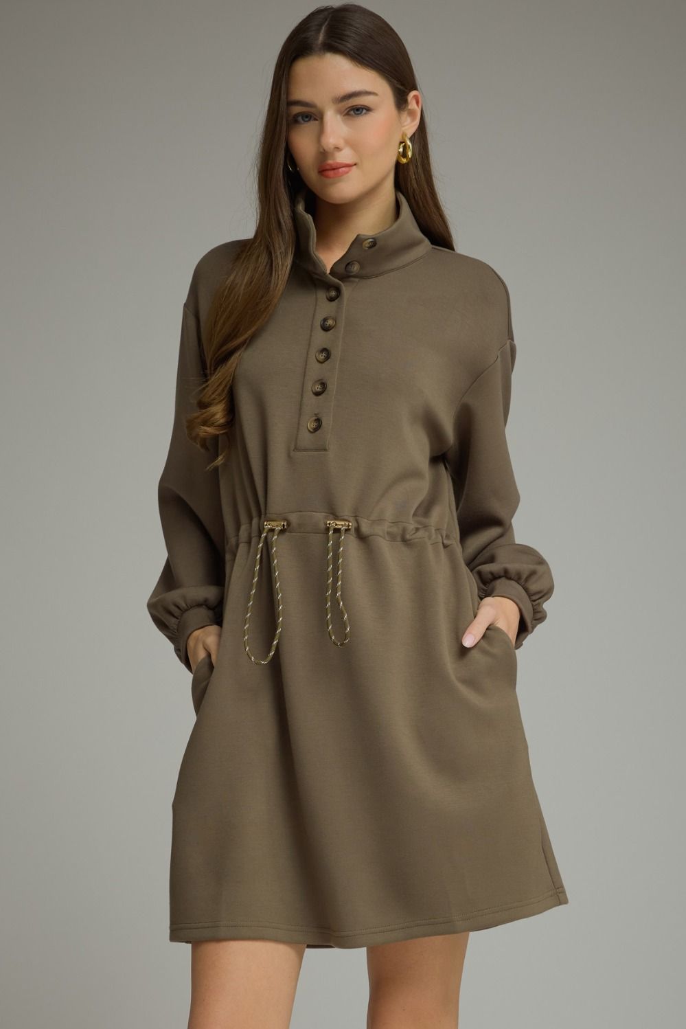 Entro-Solid long balloon sleeve mini dress.