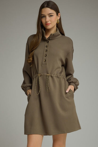 Entro-Solid long balloon sleeve mini dress.