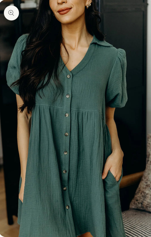 Textured Cotton Button-Down Babydoll Dress