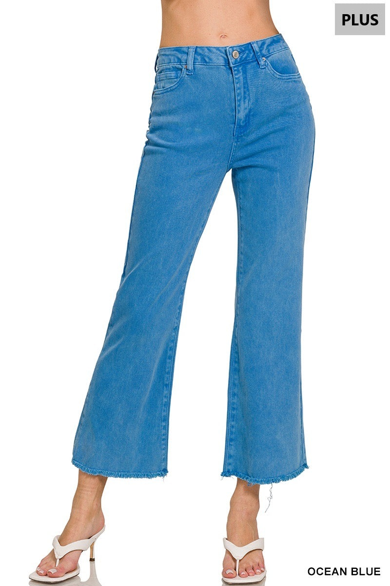 Zenana-PLUS ACID WASHED HIGH WAIST FRAYED HEM BOOTCUT PANTS