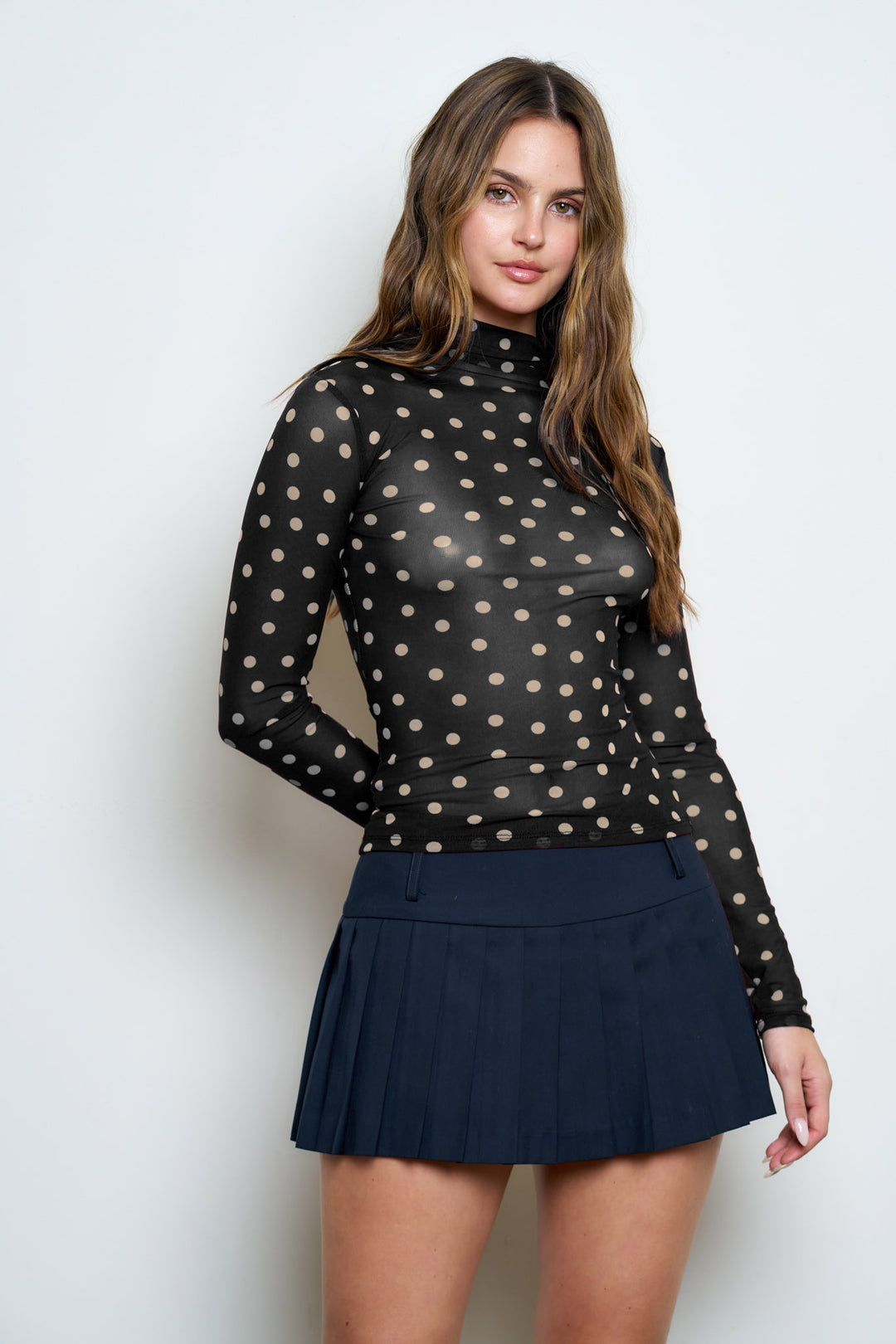 Blu Pepper-POLKA DOT MESH MOCK NECK LONG SLEEVE KNIT TOP