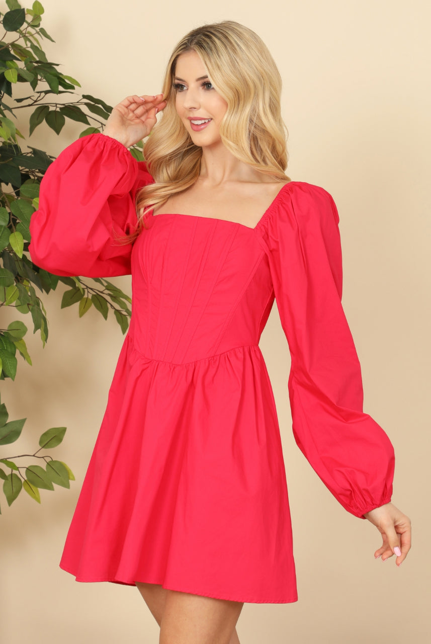 Magenta Puff Sleeve Mini Dress with Square Neckline