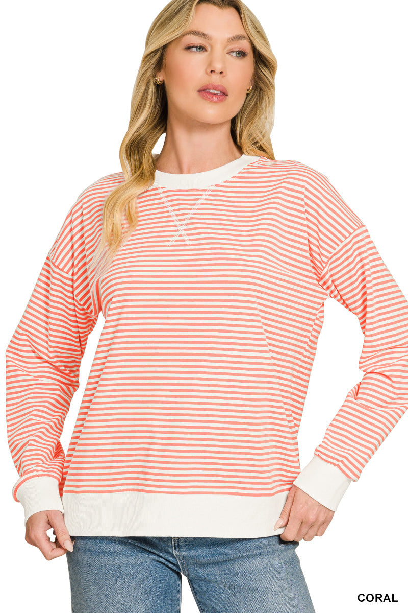 Zenana-STRIPED RIB BANDED PULLOVER