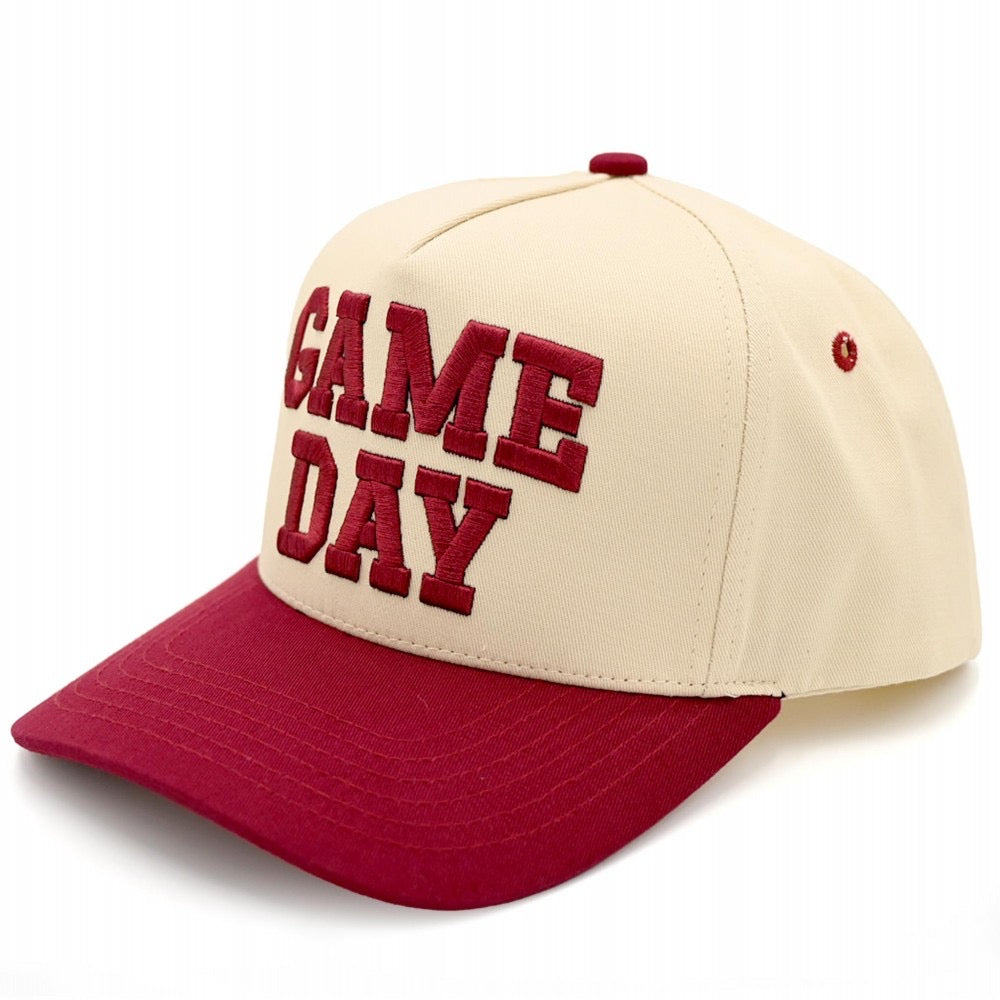 Beige and red cap with 'GAME DAY' text on a white background
