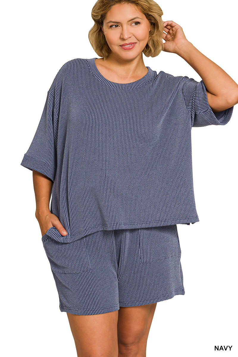 Zenana-PLUS RAISED RIB SHORT SLEEVE TEE & SHORT PANTS SET