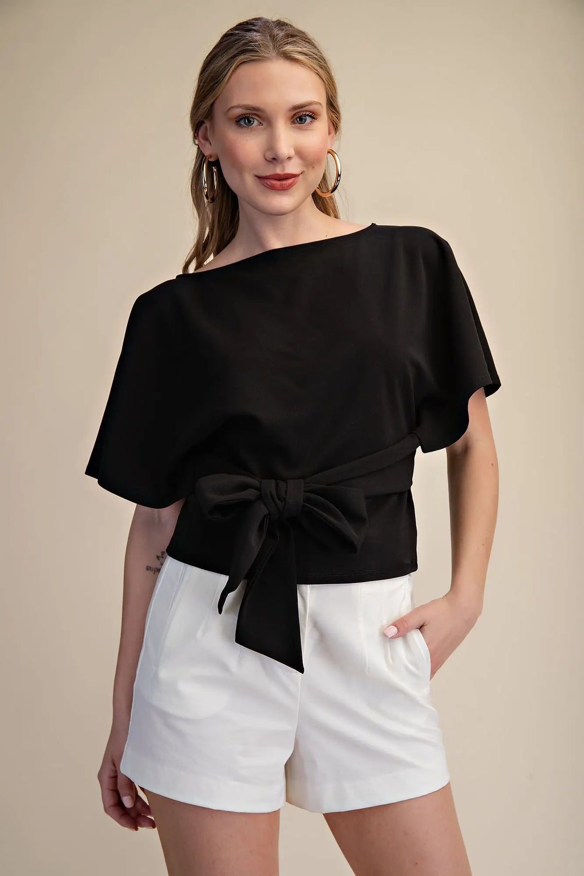 Two Way Tie Boat Neckline Bell Sleeve Knit Top
