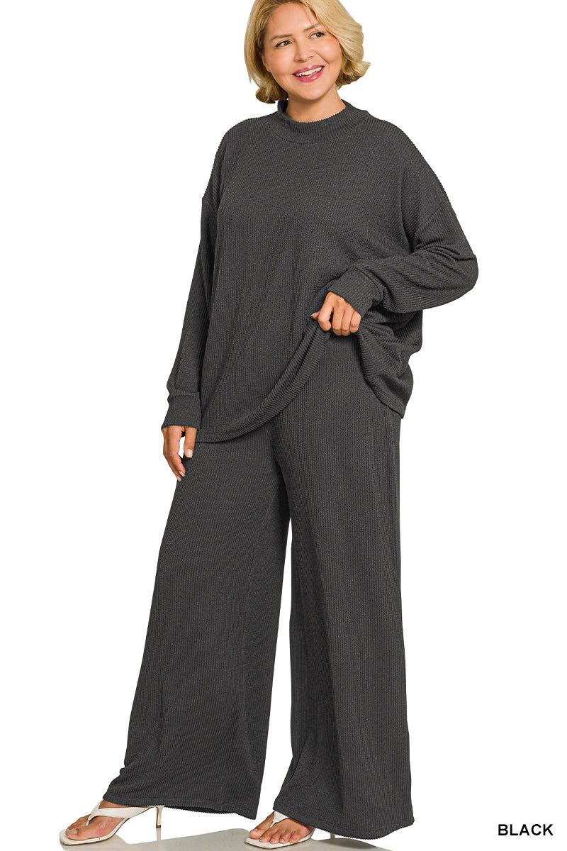 Zenana-PLUS RAISED RIB MOCK NECK LONG SLEEVE TEE & PANTS SET