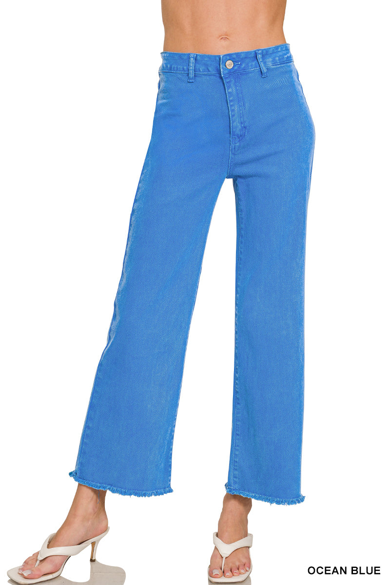 Zenana ACID WASHED FRAYED CUTOFF HEM STRAIGHT WIDE PANTS