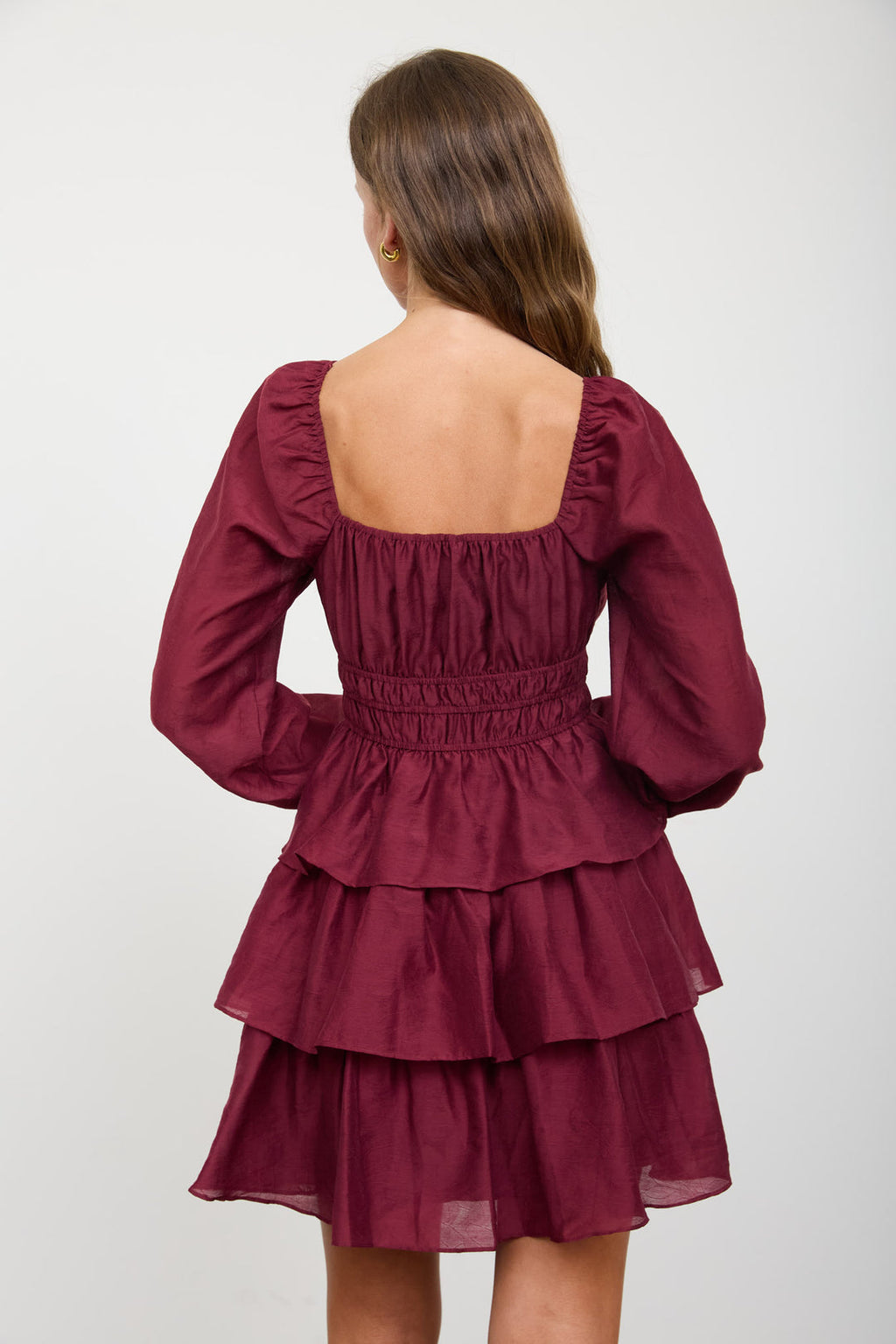 Blu Pepper-SMOCKED BISHOP SLEEVE TIERED MINI DRESS