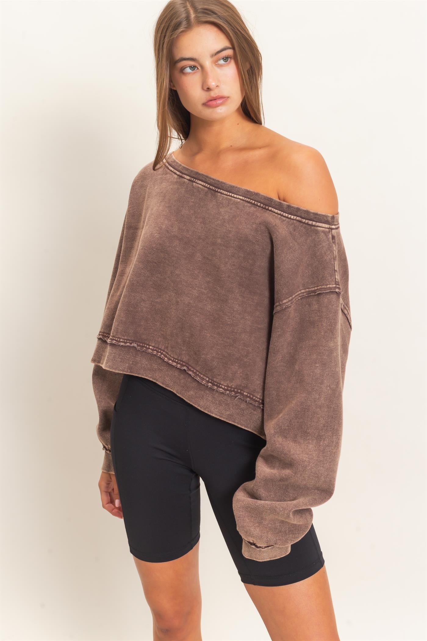 Hyfve- Raw Edge Acid Wash Off The Shoulder Sweatshirt