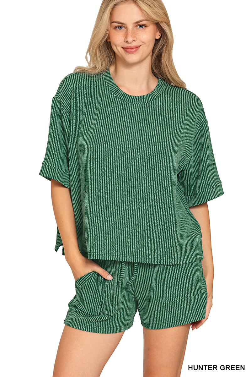 Zenana-RAISED RIB SHORT SLEEVE TEE & SHORT PANTS SET
