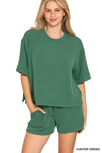 Zenana-RAISED RIB SHORT SLEEVE TEE & SHORT SET