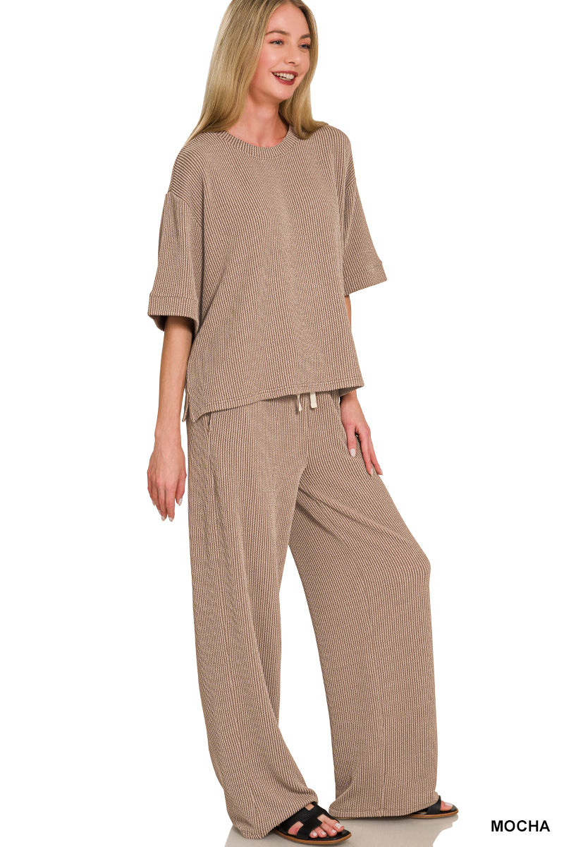 Zenana-RAISED RIB SHORT SLEEVE TEE & PANTS SET