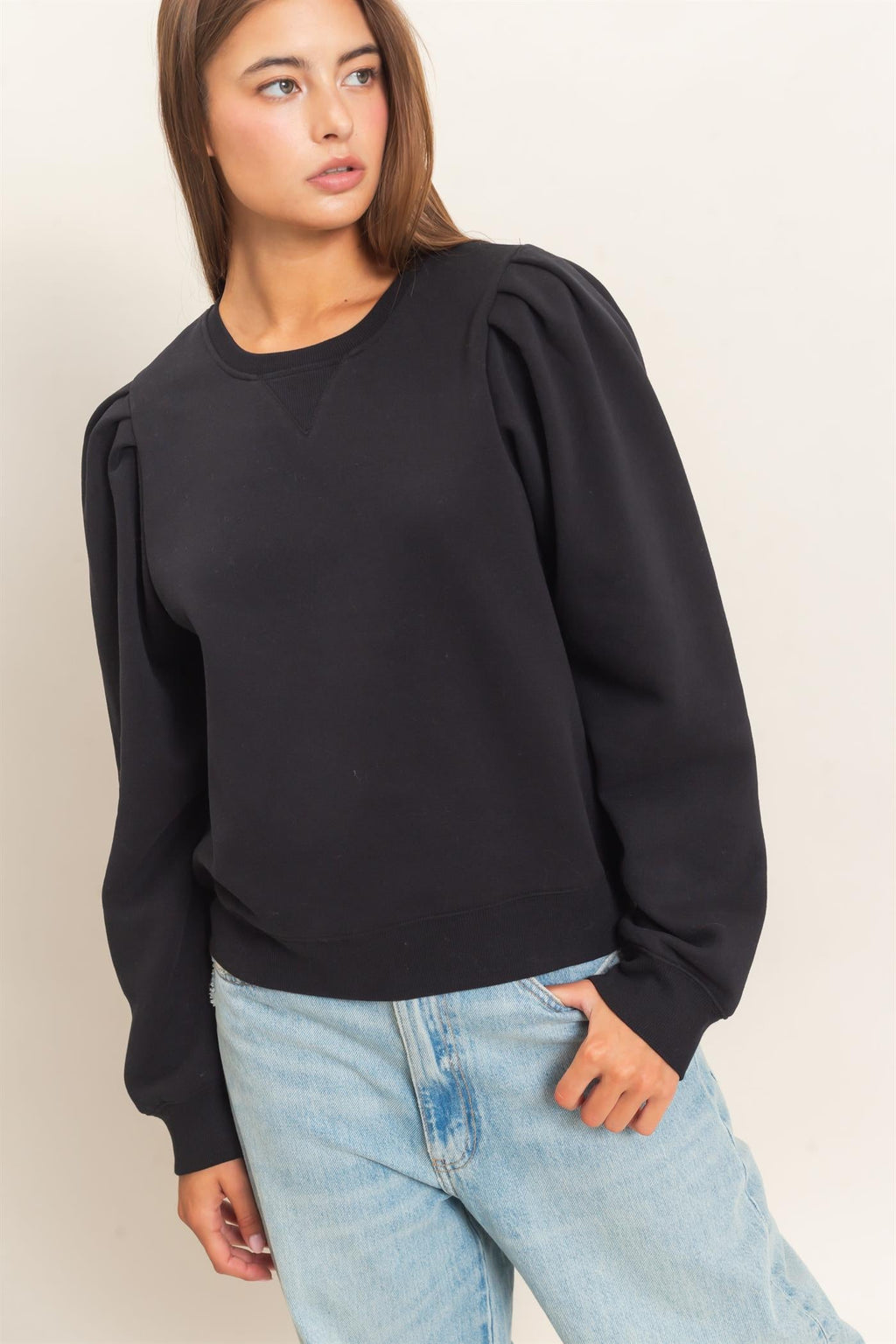 DZ-Puff Sleeve Crew Neck Sweatshirt