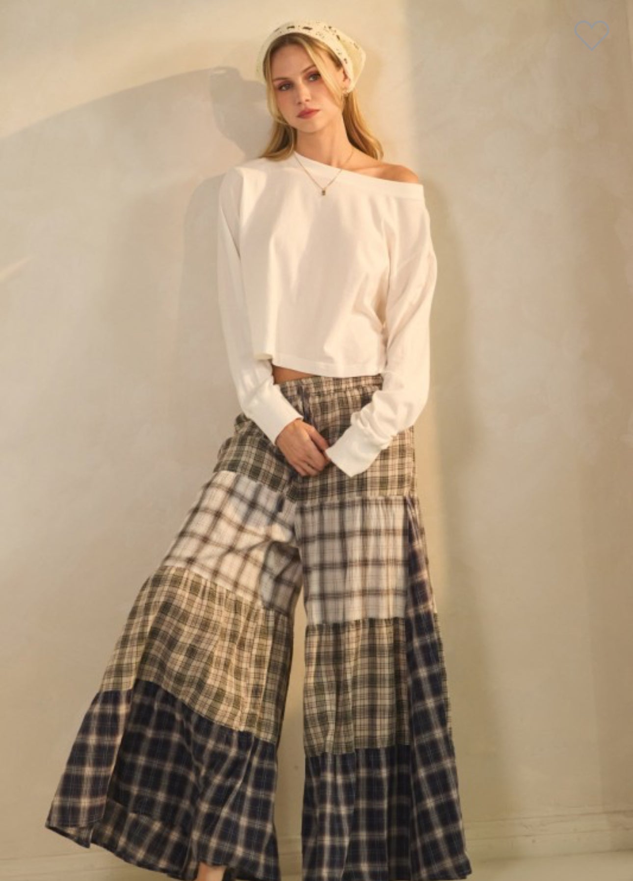Patchwork Plaid Wide leg Drawstring Lounge Pants