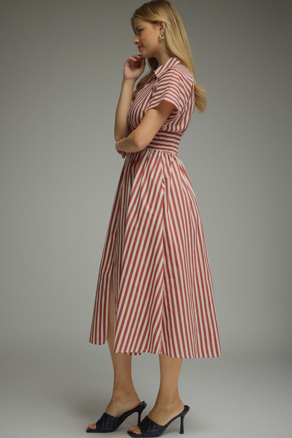 Entro-Stripe short sleeve midi dress featuring smocked waist detail.