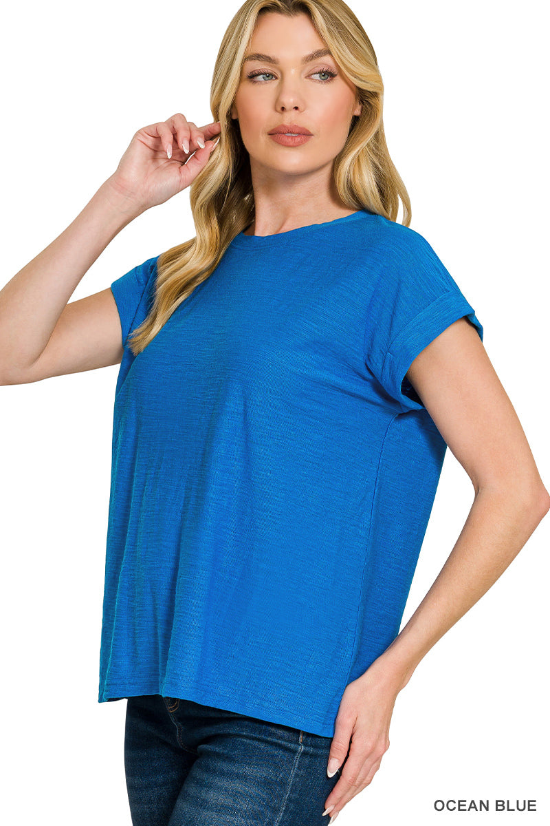 Zenana- SLUB CUFFED SLEEVE TEE