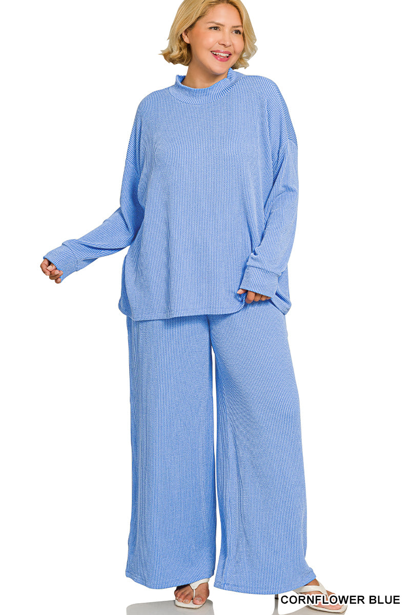 Zenana-PLUS RAISED RIB MOCK NECK LONG SLEEVE TEE & PANTS SET