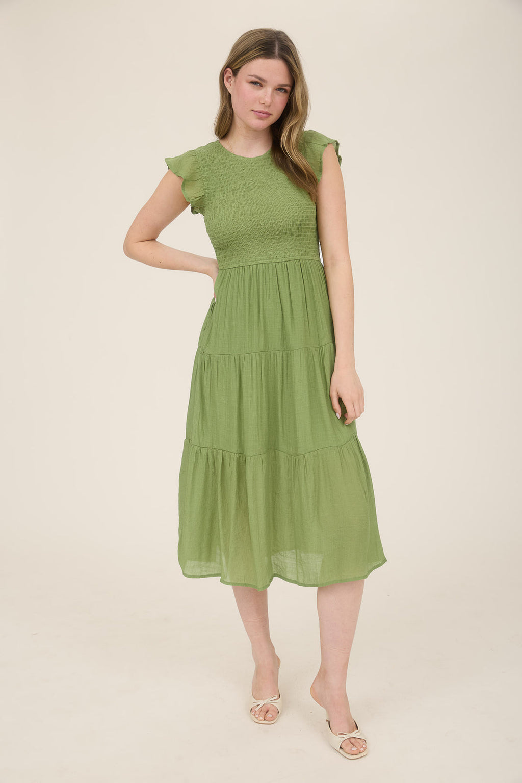 Blu Pepper TIERED SMOCKED SHORT SLEEVE MIDI DRESS