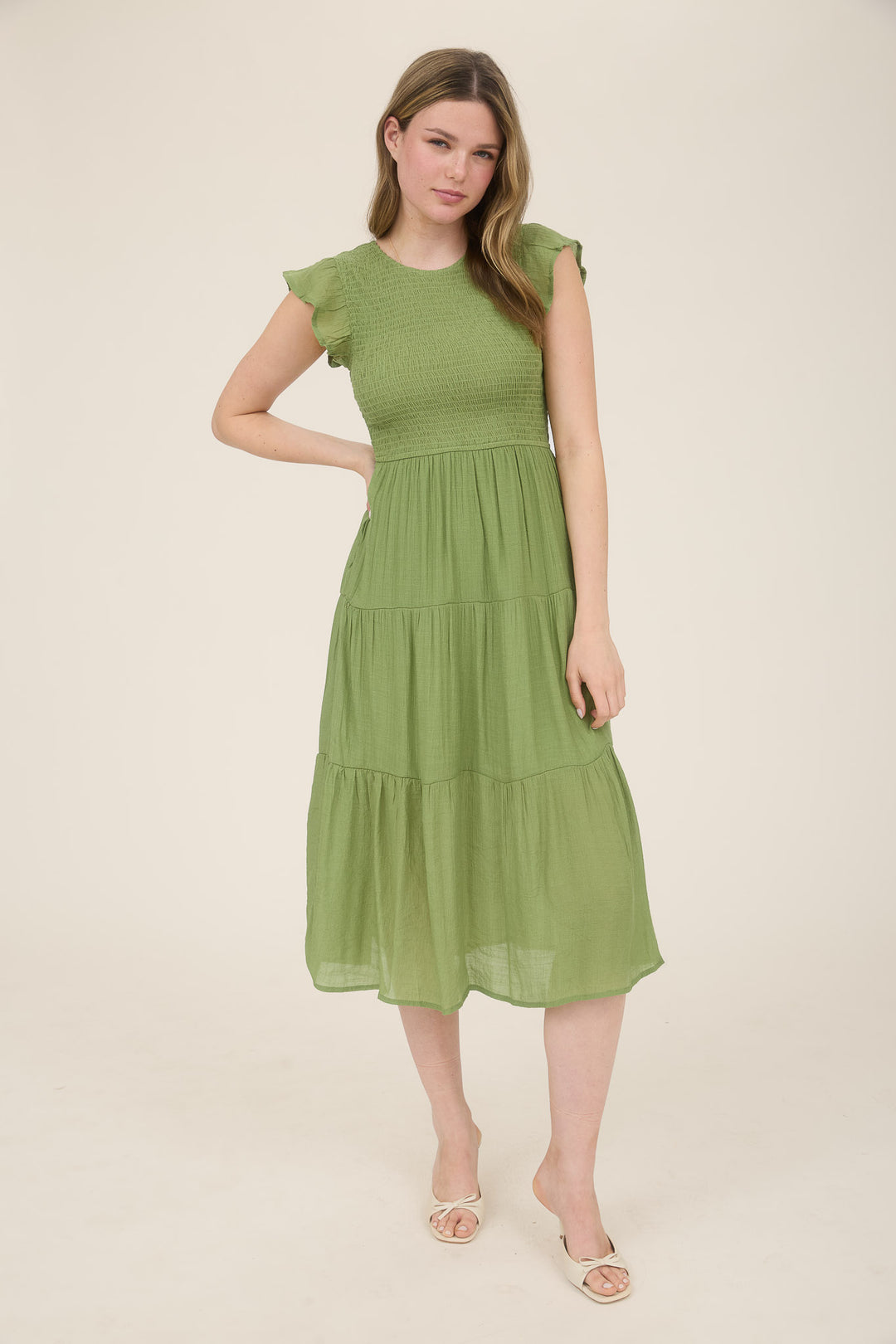 Blu Pepper TIERED SMOCKED SHORT SLEEVE MIDI DRESS
