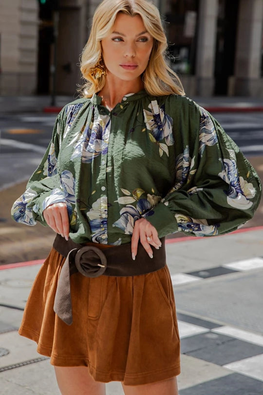Glam-Floral Voluminous Button Down Blouse