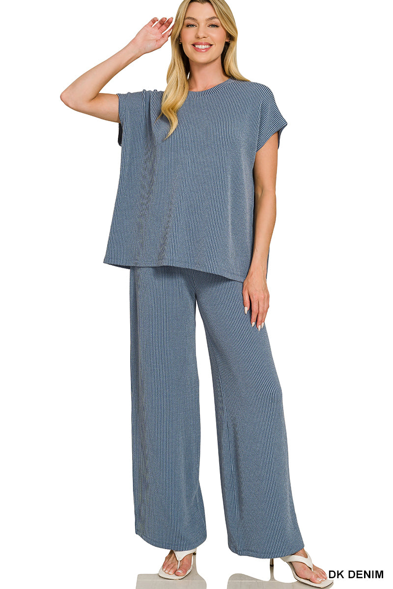 Zenana-RAISED RIB RELAXED TOP & PANTS SET