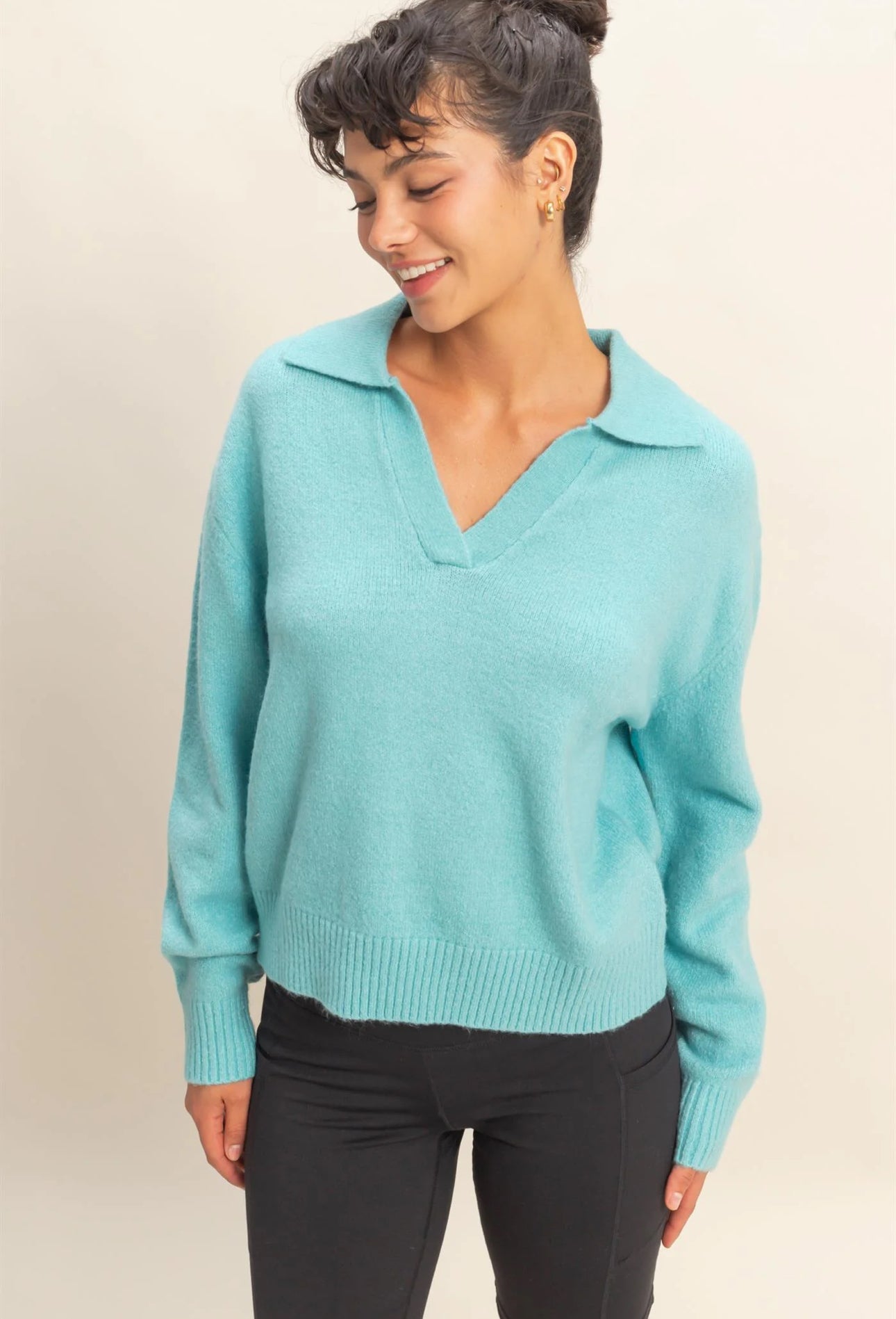 V-Neck Collared Knit Sweater
