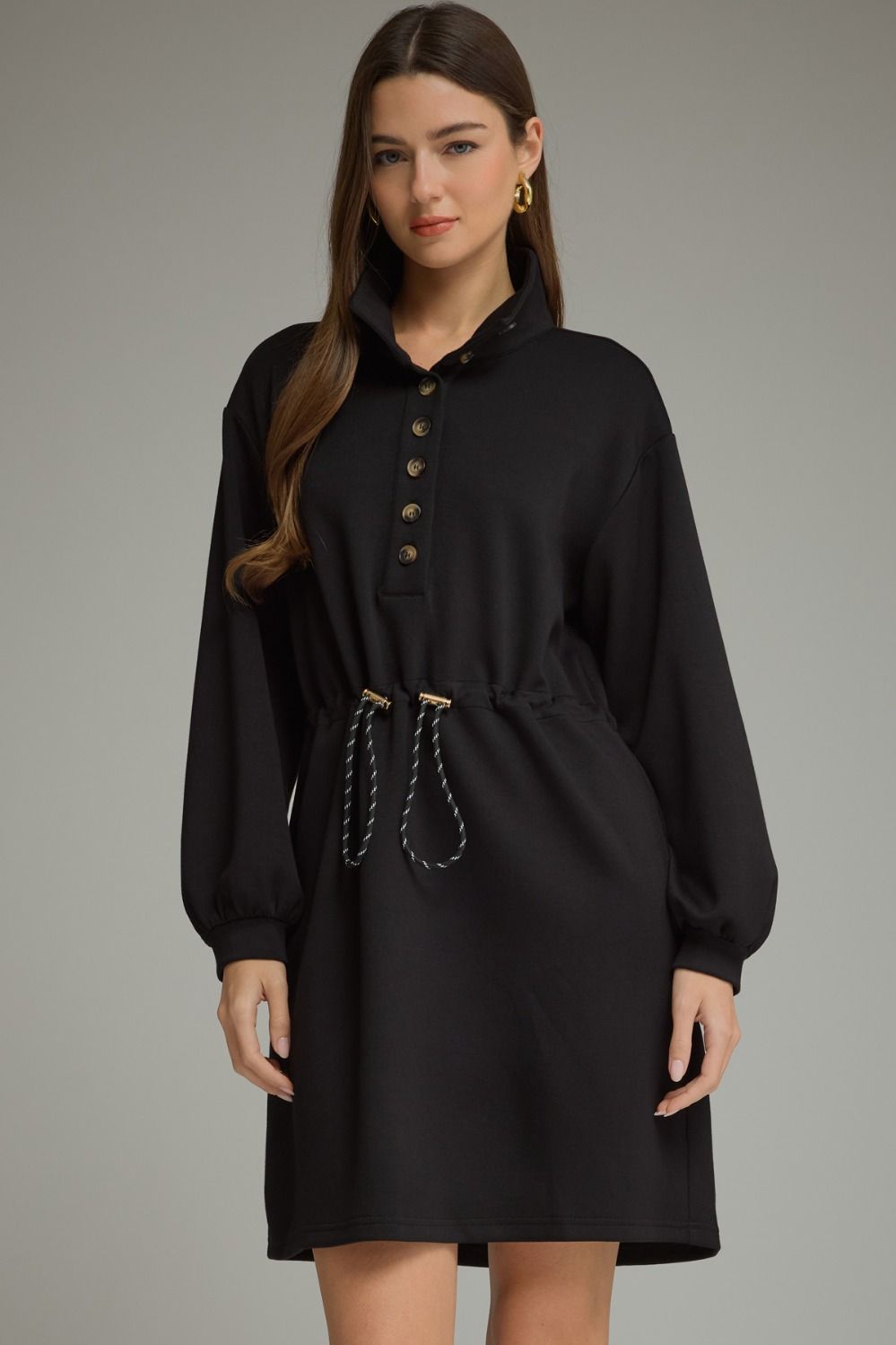 Entro-Solid long balloon sleeve mini dress.