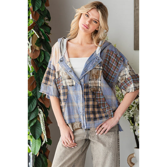 Washed Plaid Mix Buttondown Hoodie Top