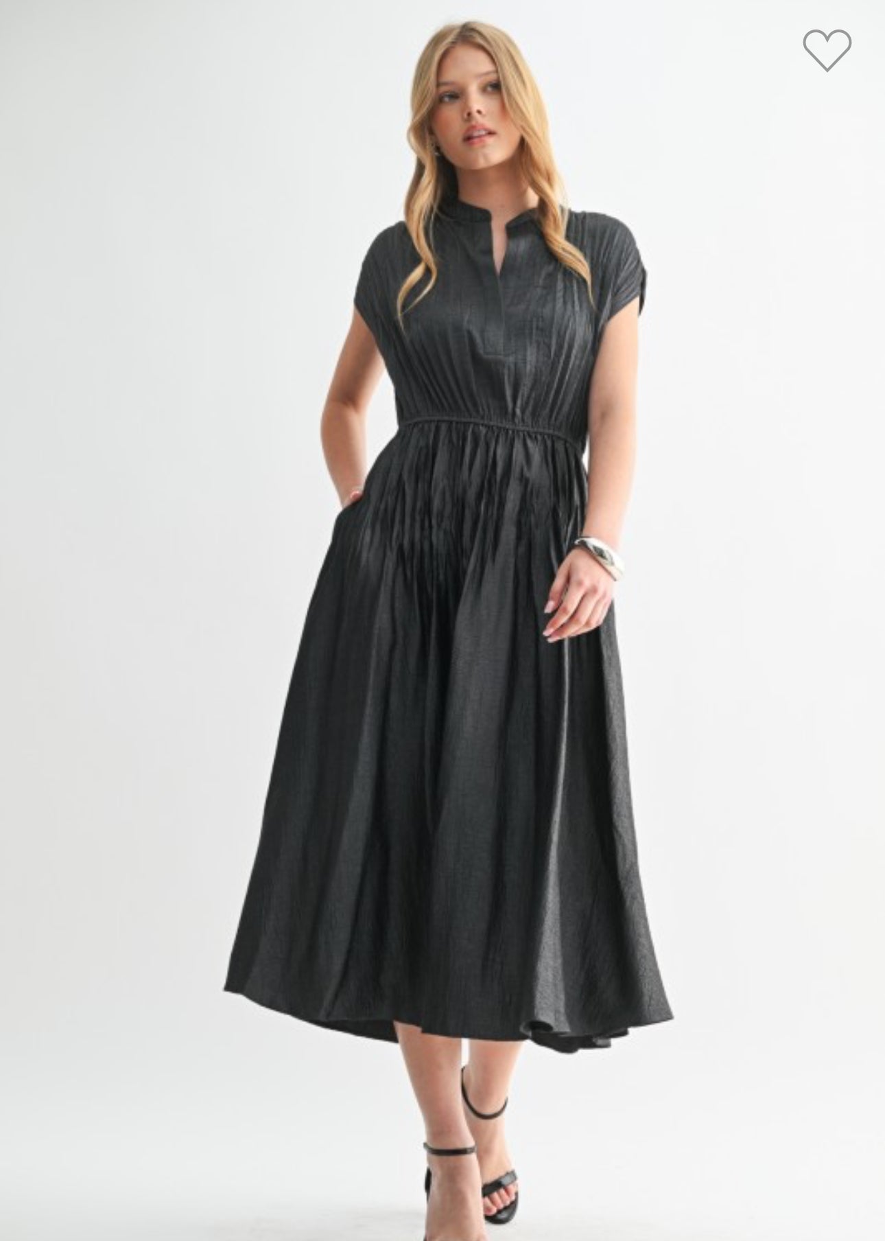 Texture Satin Pleat Drop Shoulder Midi Dress