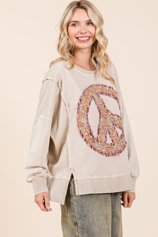 Peace Patch Mineral Wash Oversized Sweatshirt – Boho Floral &amp; Plaid Pullover - Talk of the Town