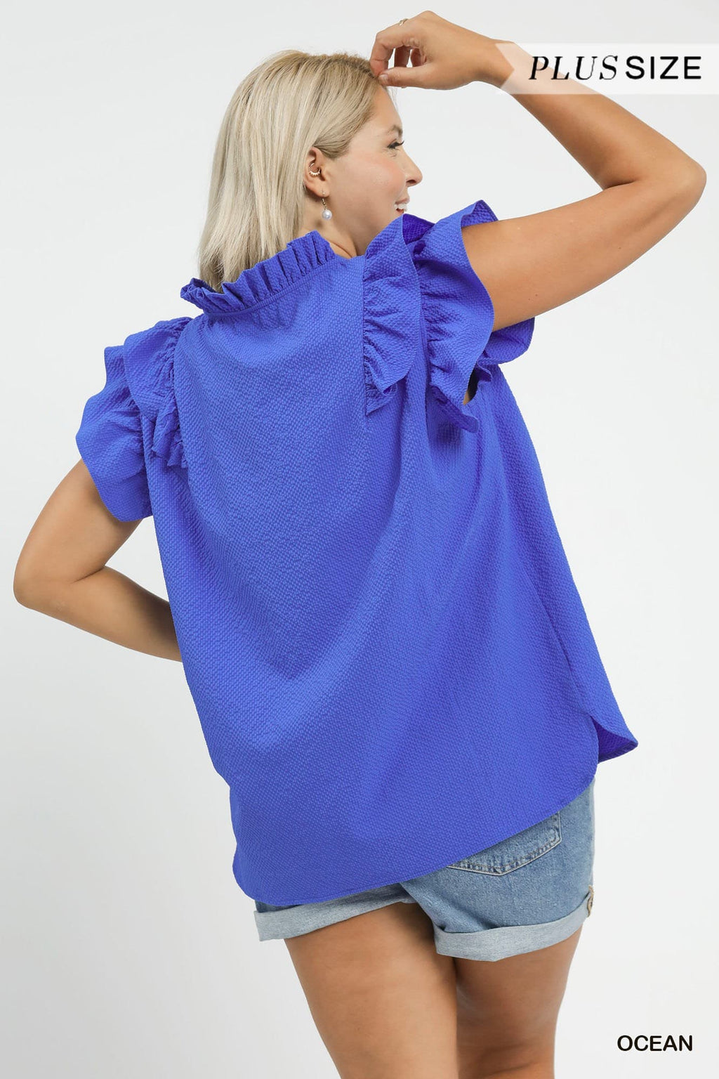Plus Size Umgee Textured Ruffle Sleeve V-Neck Blouse