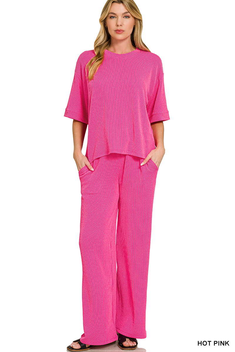 Zenana-RAISED RIB SHORT SLEEVE TEE & PANTS SET