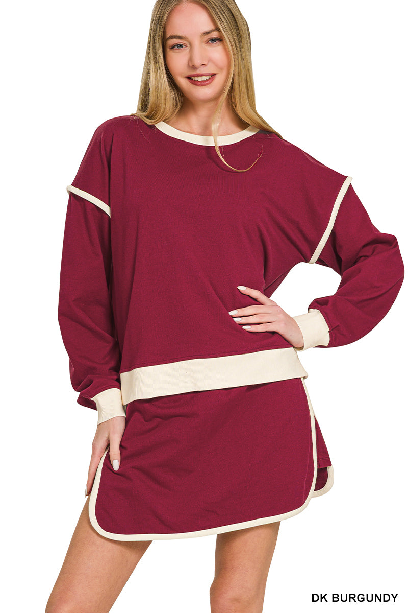 Zenana-FRENCH TERRY DROP SHOULDER PULLOVER & SKORTS SET