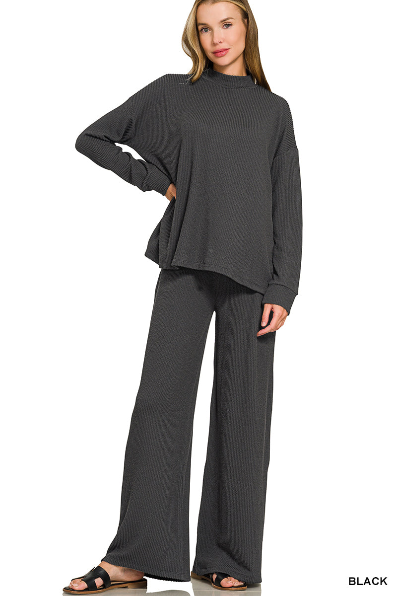 Zenana-RAISED RIB MOCK NECK LONG SLEEVE TEE & PANTS SET
