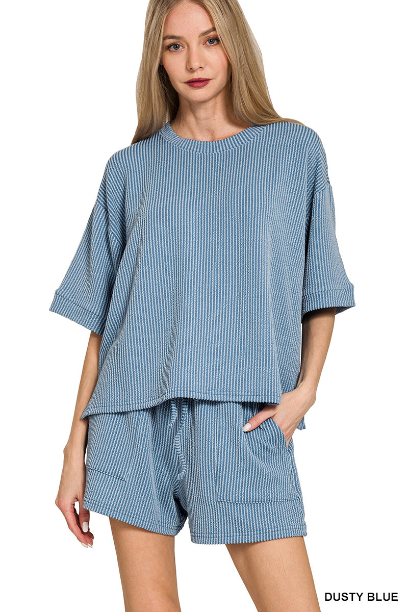Zenana-RAISED RIB SHORT SLEEVE TEE & SHORT SET