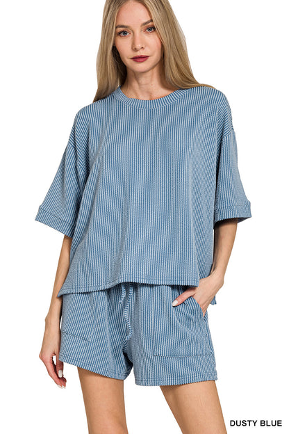 Zenana-RAISED RIB SHORT SLEEVE TEE & SHORT SET