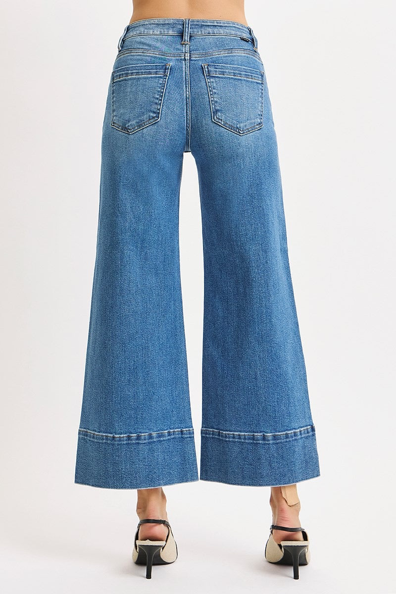 Tummy Control Mid Rise Crop Wide Pintuck Front Jeans