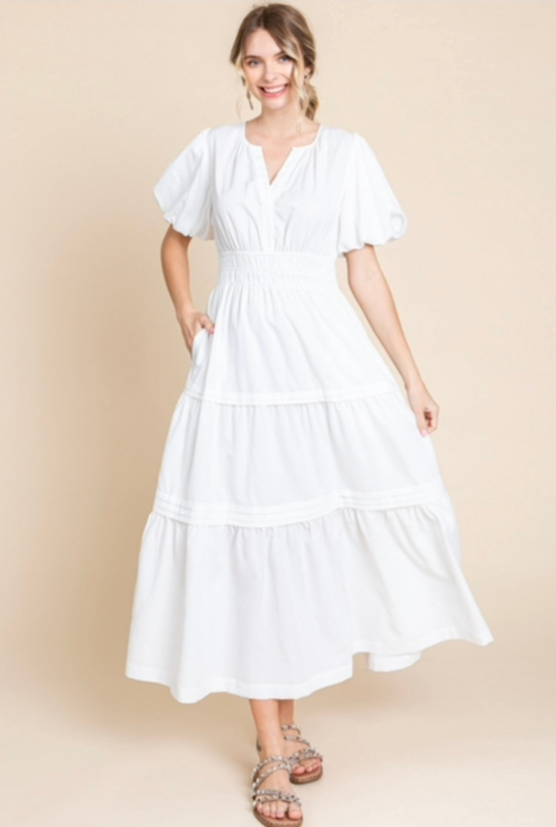 Long tiered dress with puff sleeves