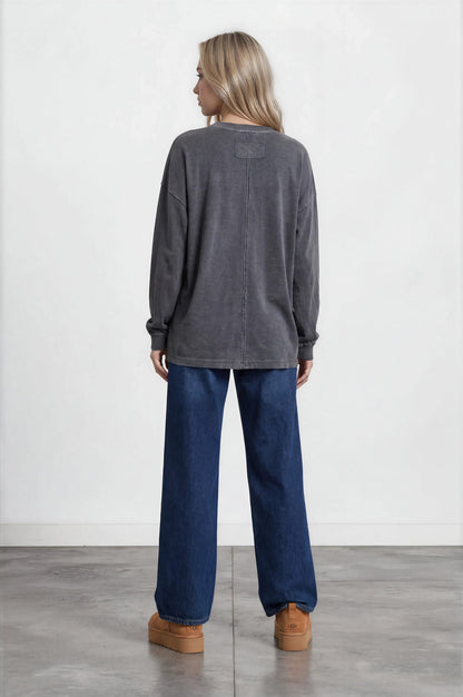 Blu Pepper-WASHED CREW NECK LONG SLEEVE KNIT TOP