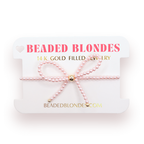Pink Pearl Beaded Bow Bracelet: Standard 6.75 Inch | Beaded Blondes