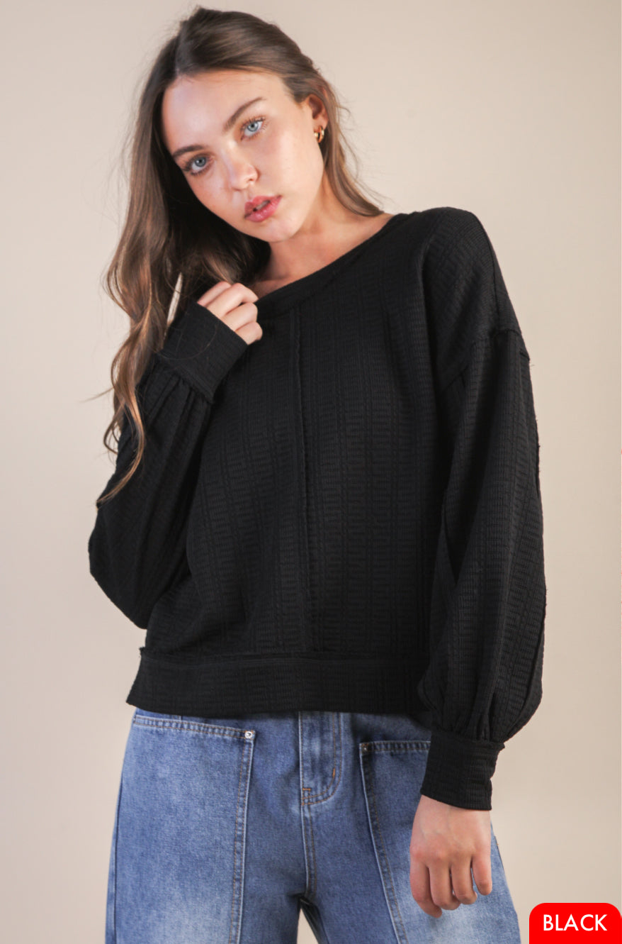 Raw Edge Detail Oversized Textured Knit Top - Talk of the Town