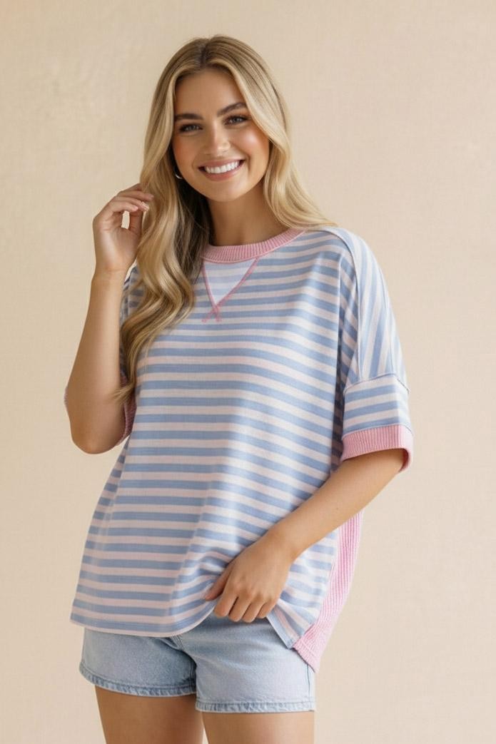 Oversized Blue & Pink Stripe Top
