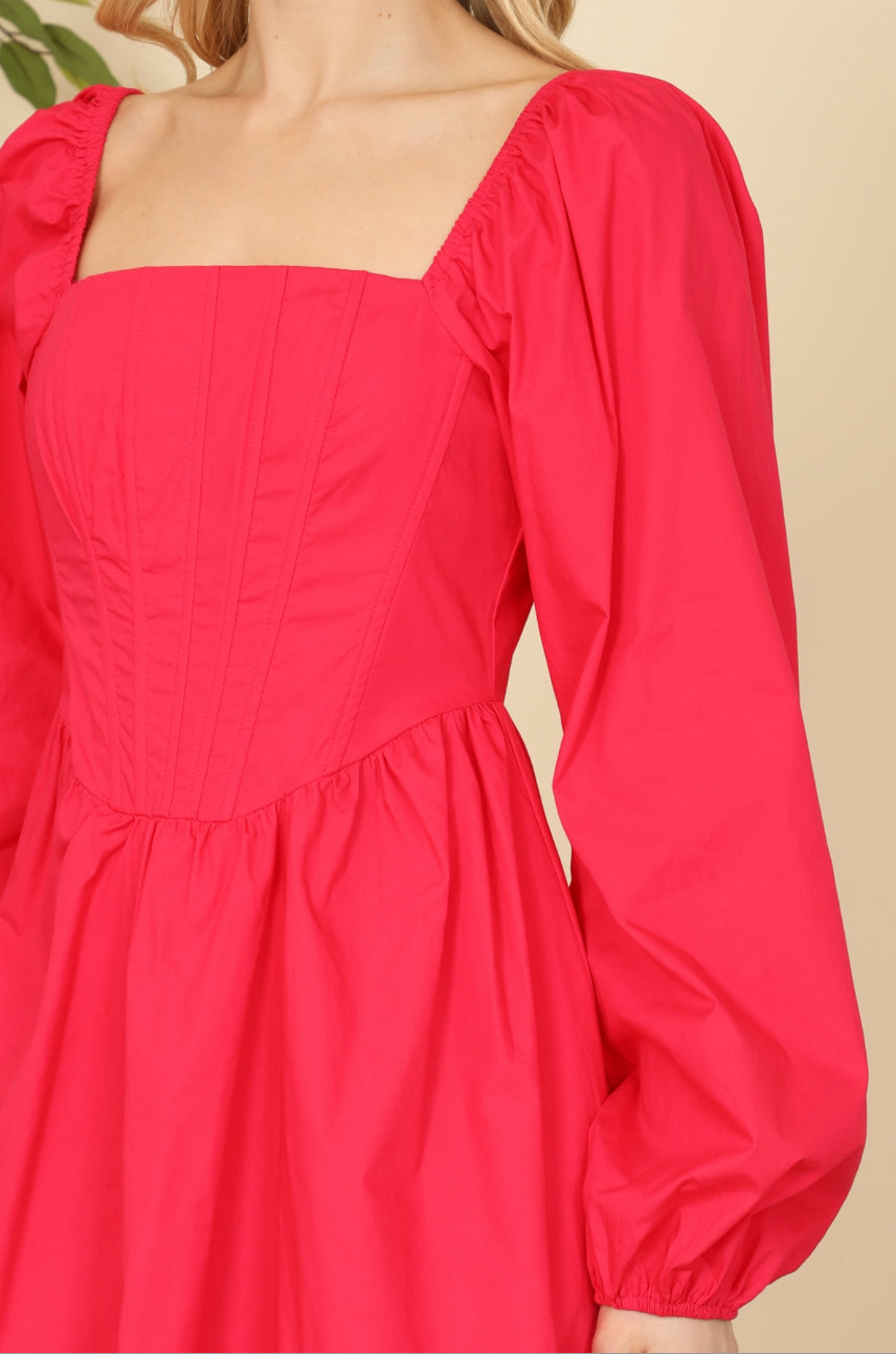 Magenta Puff Sleeve Mini Dress with Square Neckline