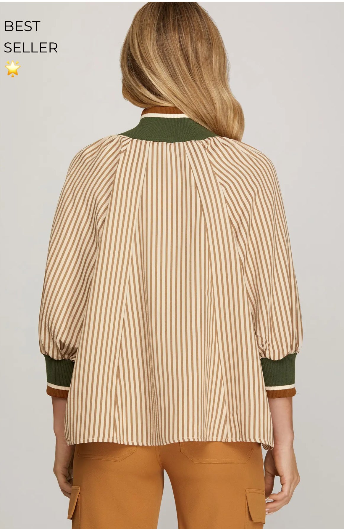 3/4 Sleeve Half Zip Striped Top Blouse - Talk of the Town