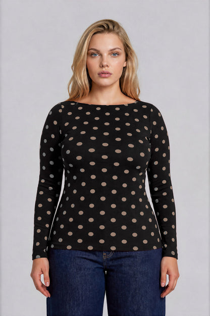 Blu Pepper-POLKA DOT BOAT NECK LONG SLEEVE KNIT TOP