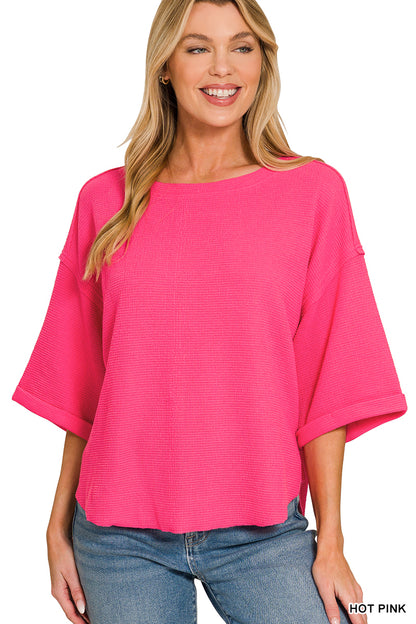 Zenana- DOUBLE KNIT EXPOSED SEAM CURVED HEM SHORT SLEEVE TOP
