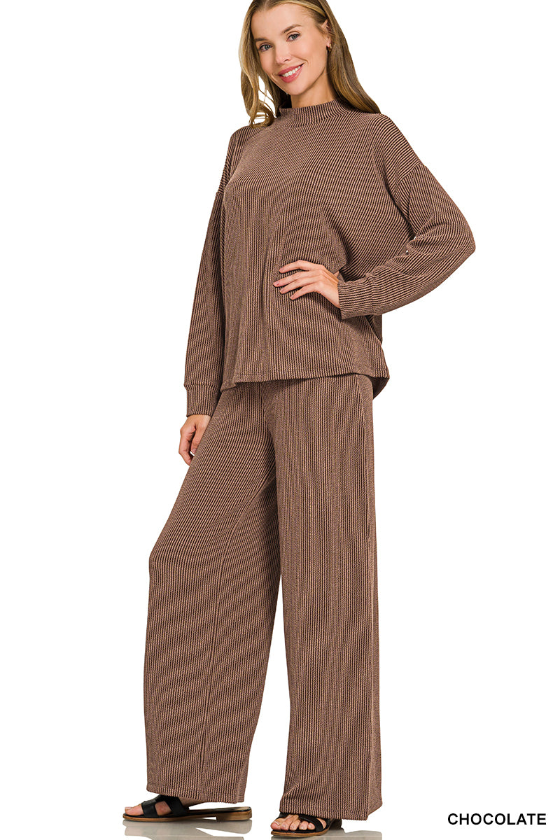 Zenana-RAISED RIB MOCK NECK LONG SLEEVE TEE & PANTS SET