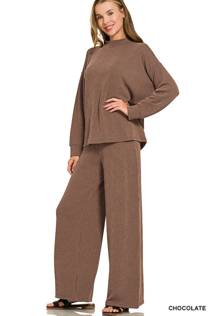 Zenana-RAISED RIB MOCK NECK LONG SLEEVE TEE & PANTS SET